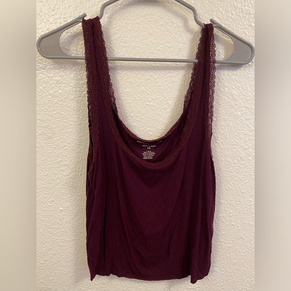Ribbed American Eagle Burgundy Crop Top with Lace Straps
